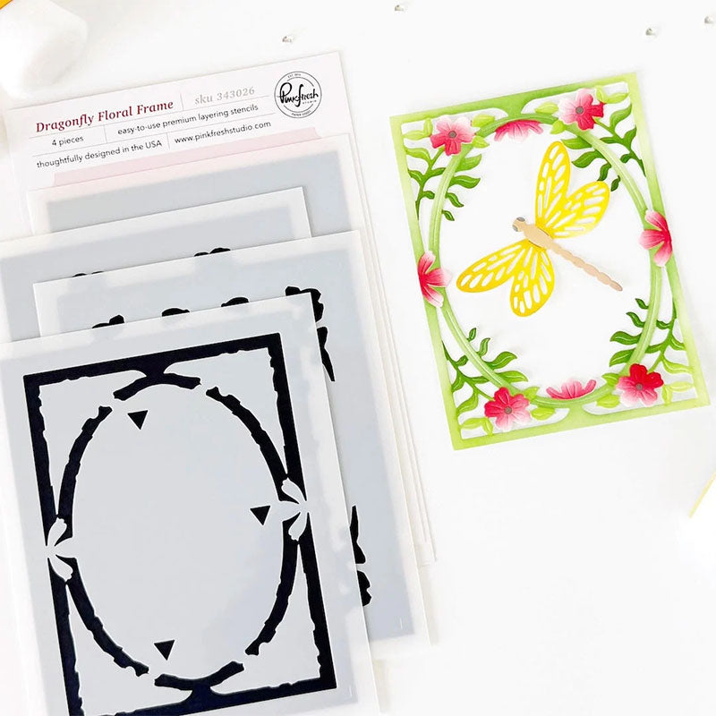 Pinkfresh Studio Stencil Dragonfly Floral Frame