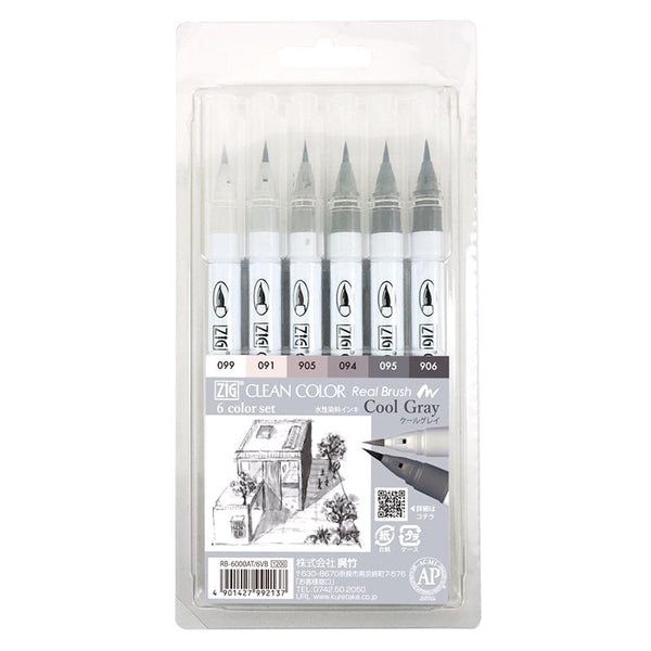 Zig Clean Real Brush Marker 6pc Cool Gray 