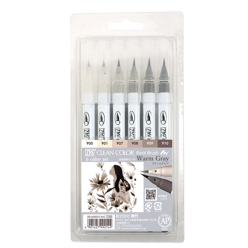 Zig Clean Real Brush Marker 6pc Warm Gray 