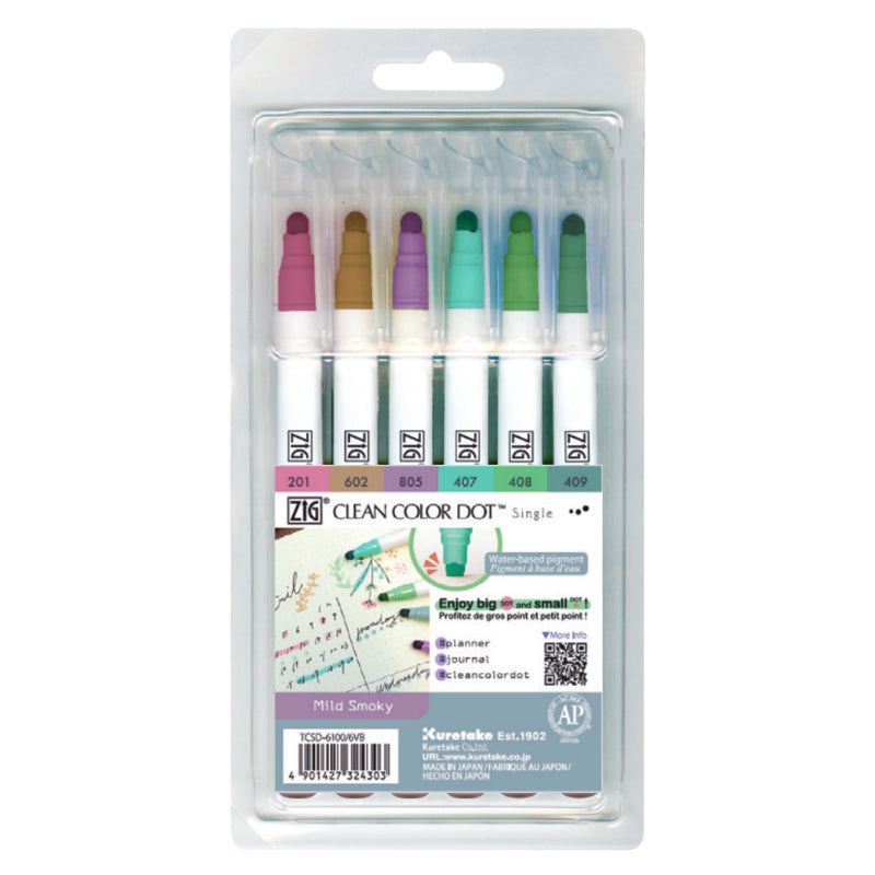 Zig Clean Color Dot Single Marker 6pc Mild Smoky