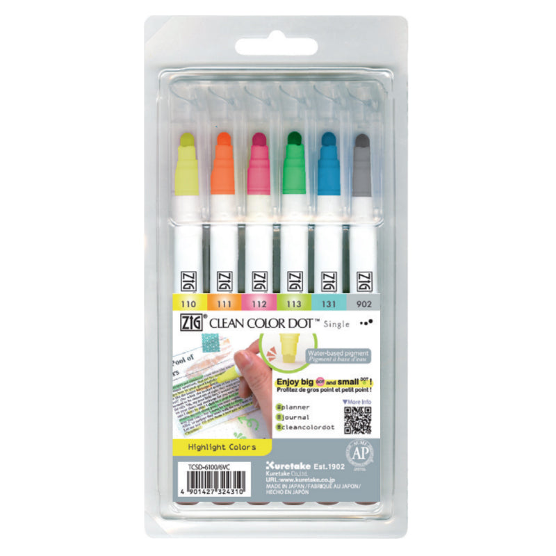 Zig Clean Color Dot Single Marker 6pc Highlight